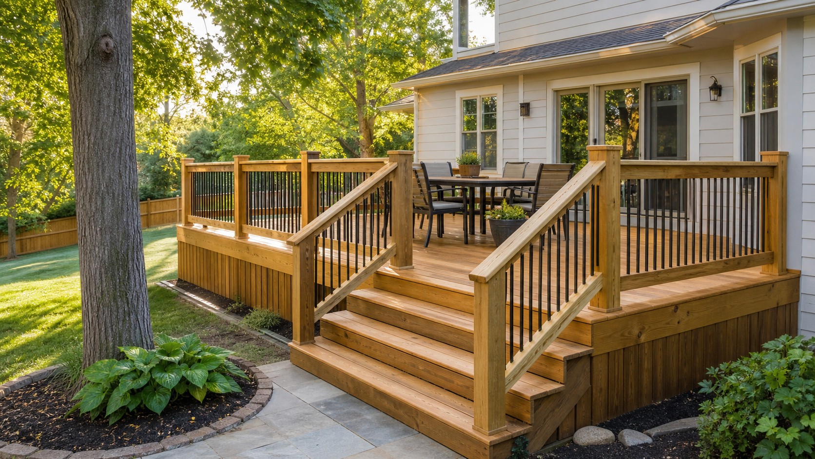 Finished wood deck with sturdy railings and wide steps for deck repair guidance in Columbia, Illinois